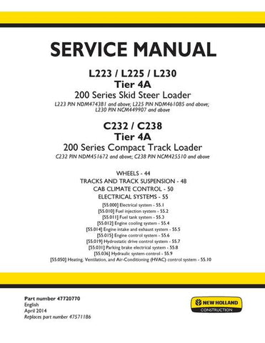 Service Manual - New Holland L223, L225, L230 Tier 4A 200 Series Skid Steer Loader 47720770