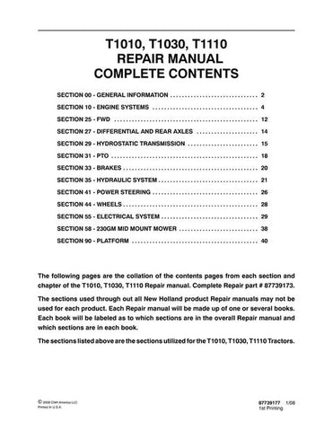 Service Manual - New Holland T1010 T1030 T1110 Tractor 87739173