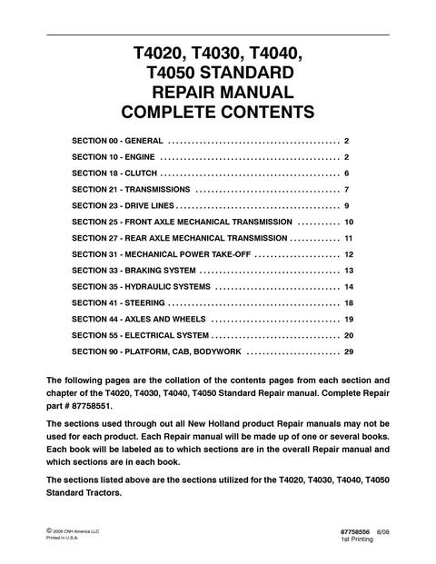 Service Manual - New Holland T4020 T4030 T4040 T4050 STANDARD Tractor 87758551