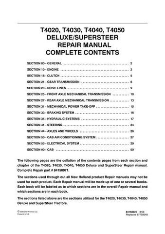 Service Manual - New Holland T4020 T4030 T4040 T4050 Tractor 84158071