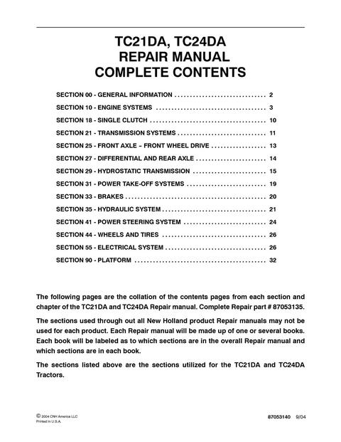 Service Manual - New Holland TC21DA TC24DA Tractor 87053135