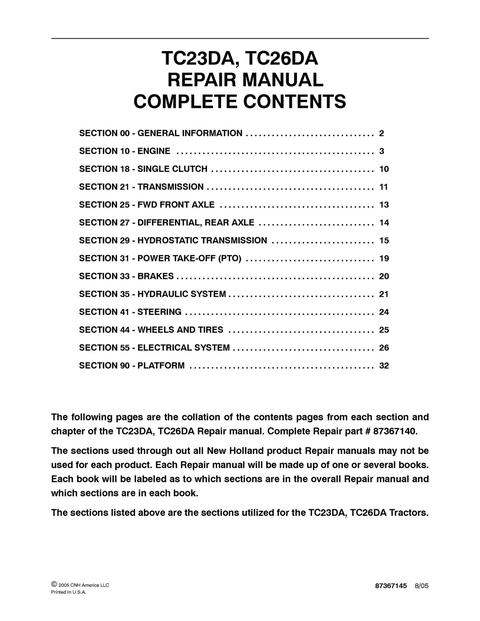 Service Manual - New Holland TC23DA TC26DA Tractor 87367140