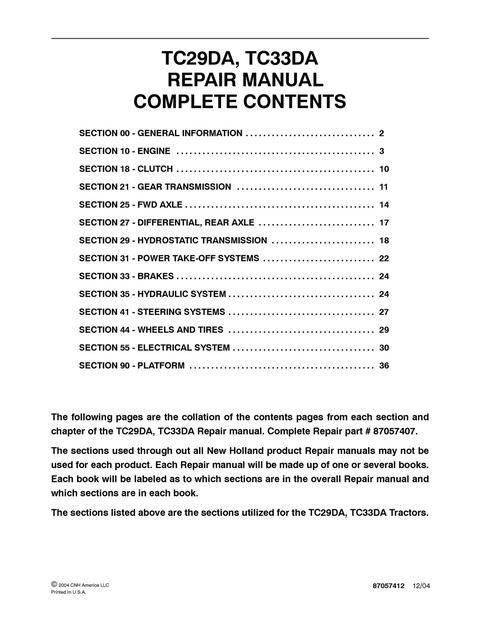 Service Manual - New Holland TC29DA TC33DA Tractor 87057407