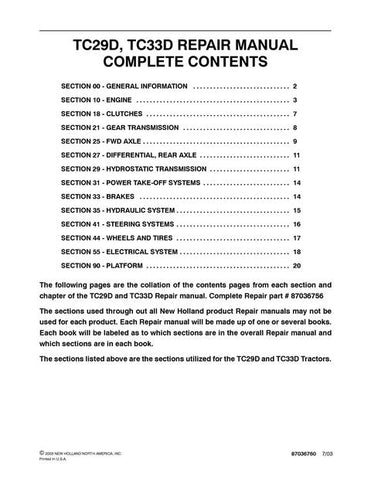 Service Manual - New Holland TC29D TC33D Tractor 87036756