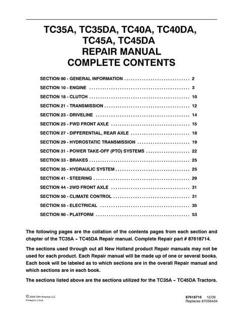 Service Manual - New Holland TC35A TC35DA TC40A TC40DA TC45A TC45DA Tractor 87618714