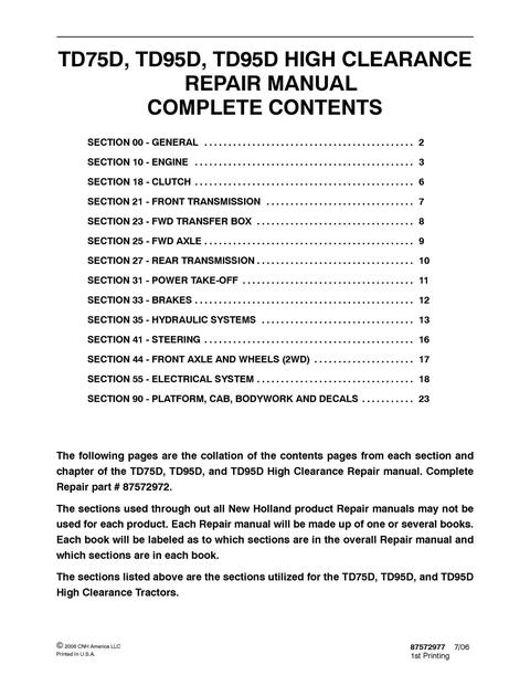 Service Manual - New Holland TD75D TD95D TD95D HIGH CLEARANCE Tractor 87572972
