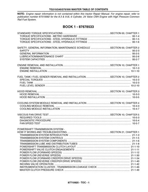 Service Manual - New Holland TG 215 245 275 305 SERIES Tractor 87710923