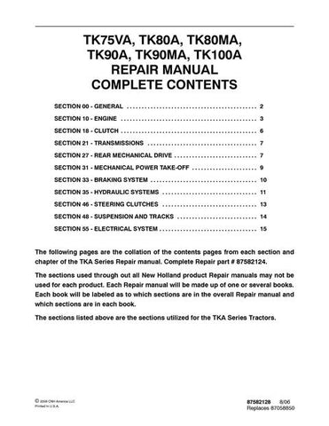 Service Manual - New Holland TK75VA TK80A TK80MA TK90A TK90MA TK100A Tractor 87582124