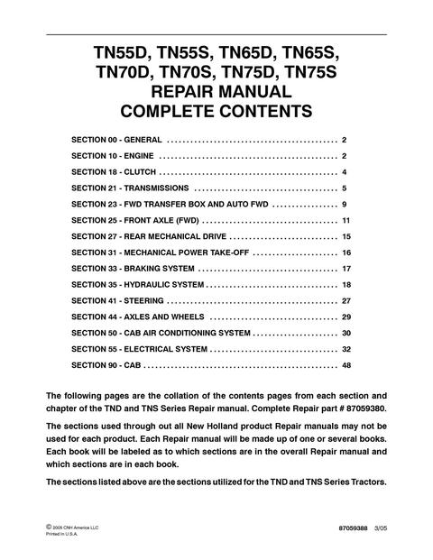 Service Manual - New Holland TN55D TN55S TN65D TN65S TN70D TN70S TN75D TN75S Tractor 87059380
