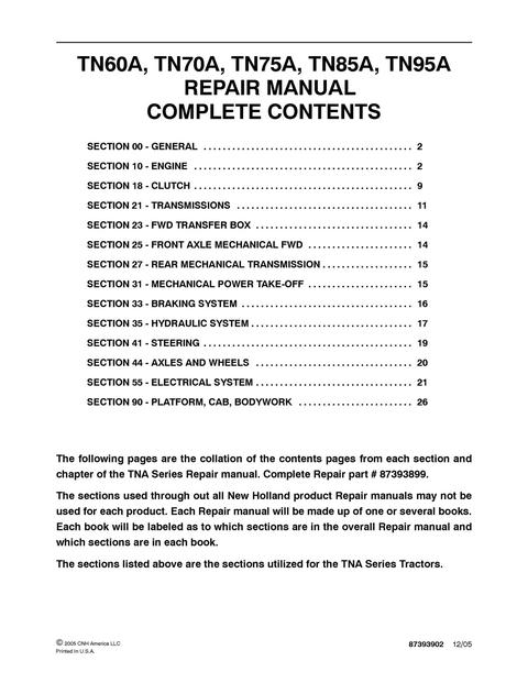 Service Manual - New Holland TN60A TN70A TN75A TN85A TN95A Tractor 87393899