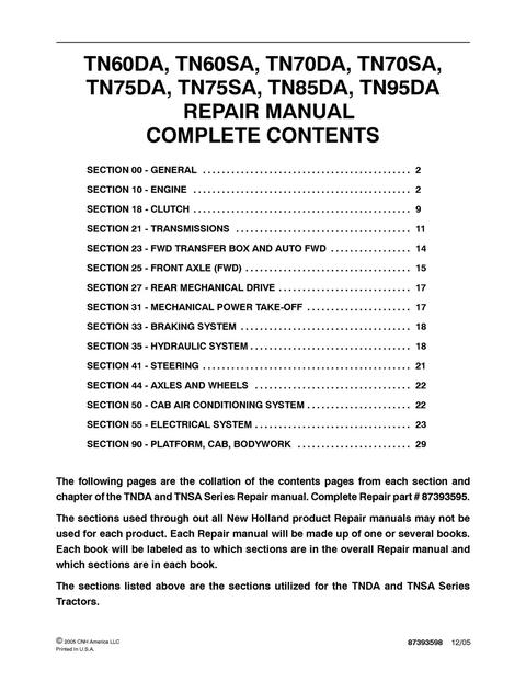 Service Manual - New Holland TN60DA TN60SA TN70DA TN70SA TN75DA TN75SA TN85DA TN95DA Tractor 87393595