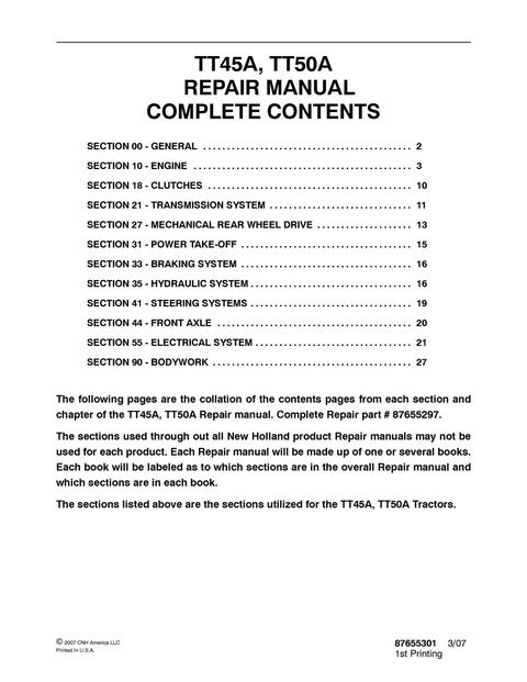 Service Manual - New Holland TT45A TT50A Tractor 87655297