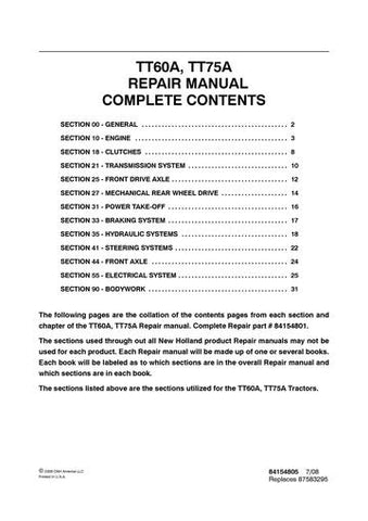 Service Manual - New Holland TT60A TT75A Tractor 84154801