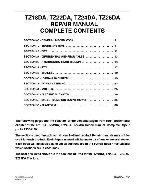 Service Manual - New Holland TZ18DA TZ22DA TZ24DA TZ25DA Tractor 87350100