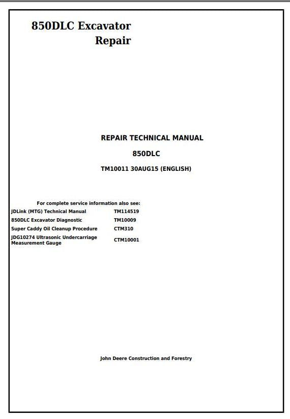 Pdf TM10011 John Deere 850DLC Excavator Repair Service Manual