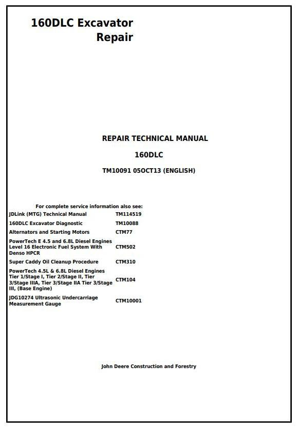 Pdf TM10091 John Deere 160DLC Excavator Repair Service Manual