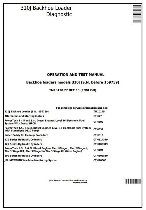 Pdf TM10130 John Deere 310J Backhoe Loader Diagnostic & Test Service Manual