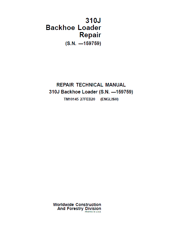 TM10145 - John Deere 310J Backhoe Loader Repair Service Manual