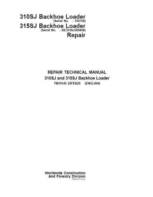 Pdf TM10146 John Deere 310SJ Backhoe Loader Repair Service Manual