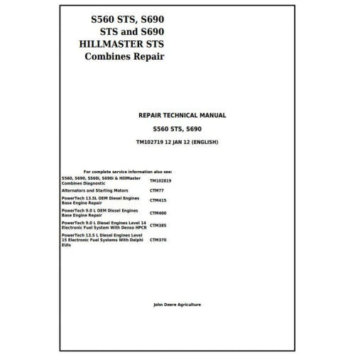 Pdf TM102719 John Deere S560 STS S690 STS S690 HILLMASTER STS Combine Service Repair Manual