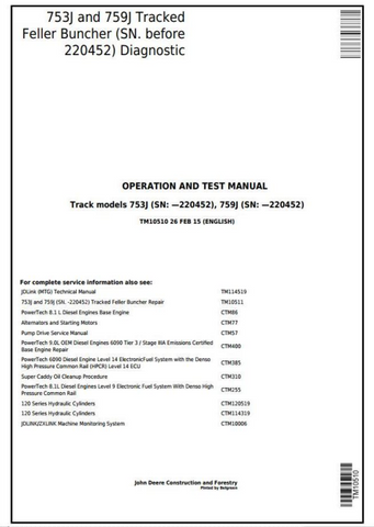 Pdf TM10510 John Deere 753J 759J Tracked Feller Buncher Diagnostic & Test Service Manual