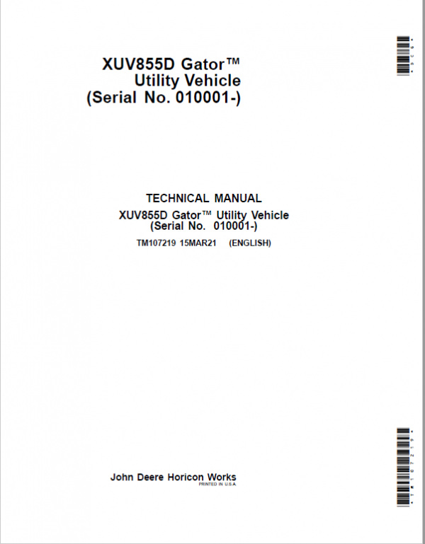 TM107219 - John Deere XUV855D Gator Utility Vehicle Repair Service Manual