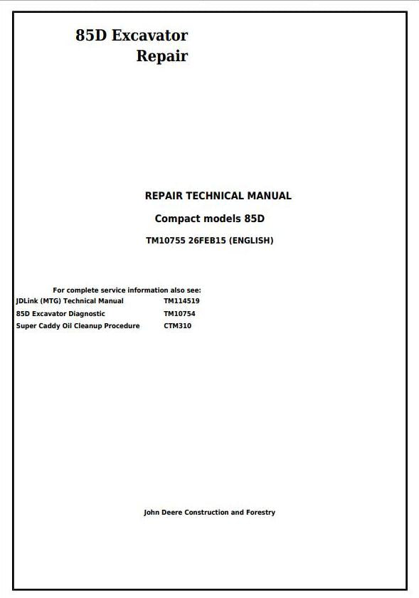 Pdf TM10755 John Deere 85D Excavator Repair Service Manual