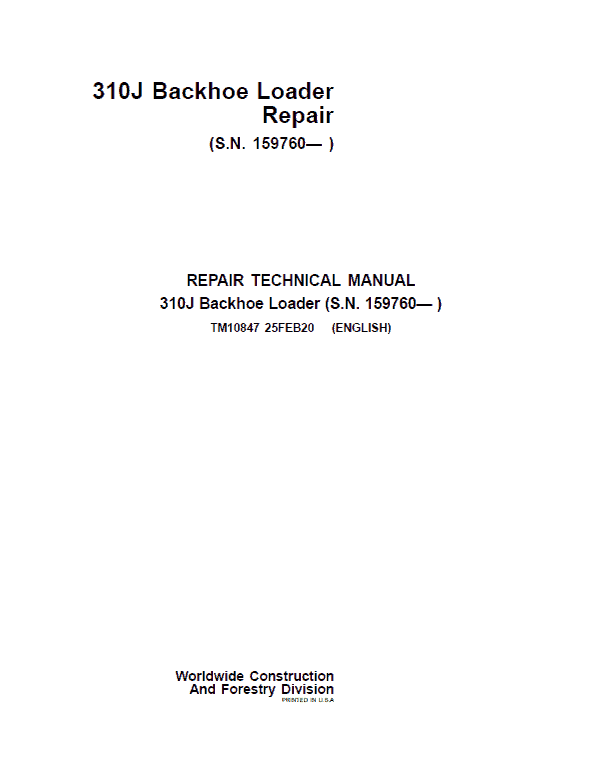 Pdf TM10847 John Deere 310J Backhoe Loader Repair Service Manual