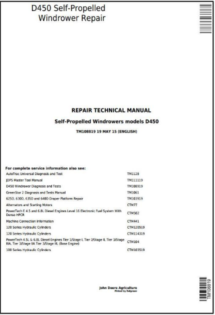 Pdf TM108819 John Deere D450 Self-Propelled Hay and Forage Windrower Repair Service Manual