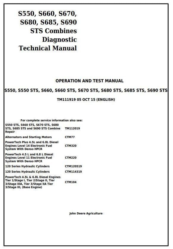 Pdf TM111919 John Deere S550 S660 S670 S680 S685 S690 STS Combine Diagnostic & Test Service Manual