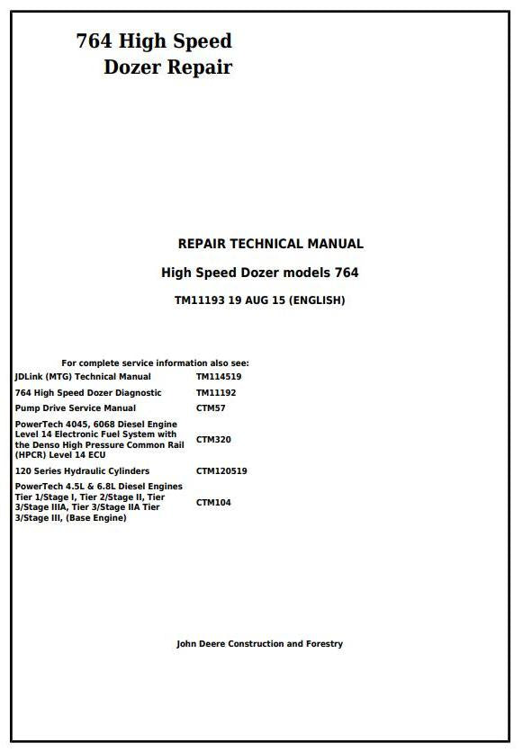 Pdf TM11193 John Deere 764 High Speed Crawler Dozer Repair Service Manual