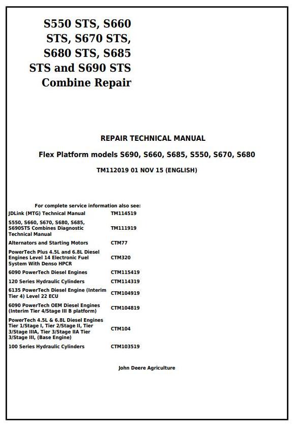 Pdf TM112019 John Deere S550STS S660STS S670STS S680STS S685STS S690STS Combine Repair Service Manual