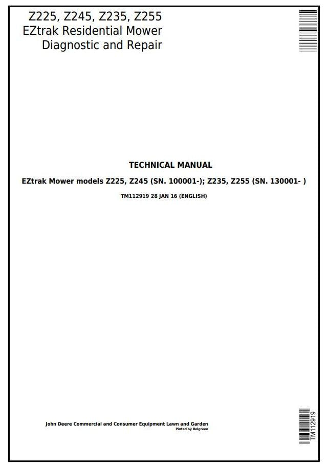 Pdf TM112919 John Deere Z225 Z245 Z235 Z255 EZtrak Riding Lawn Residential Mower Repair Service Manual