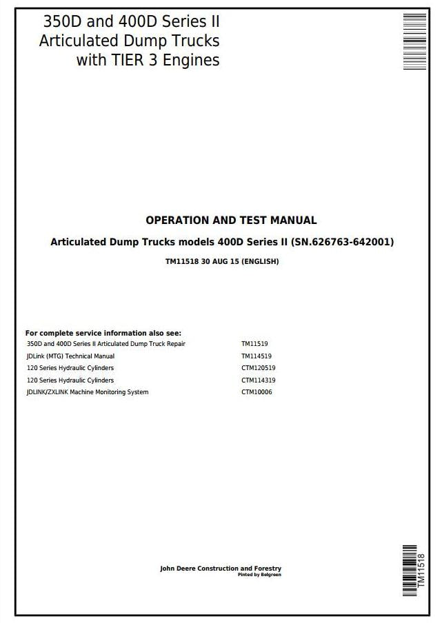 Pdf TM11518 John Deere 350D, 400D S2 Articulated Dump Truck Diagnostic and Test Service Manual