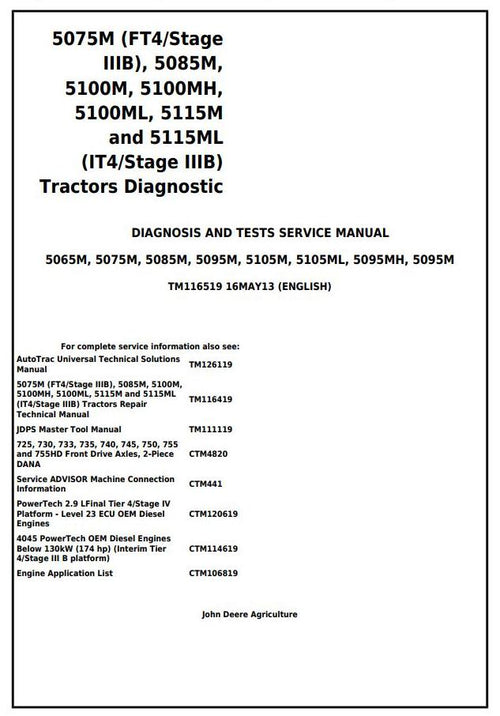 Pdf TM116519 John Deere 5075M 5085M 5100M 5100MH 5100ML 5115M 5115ML Tractor Diagnosis and Test Manual