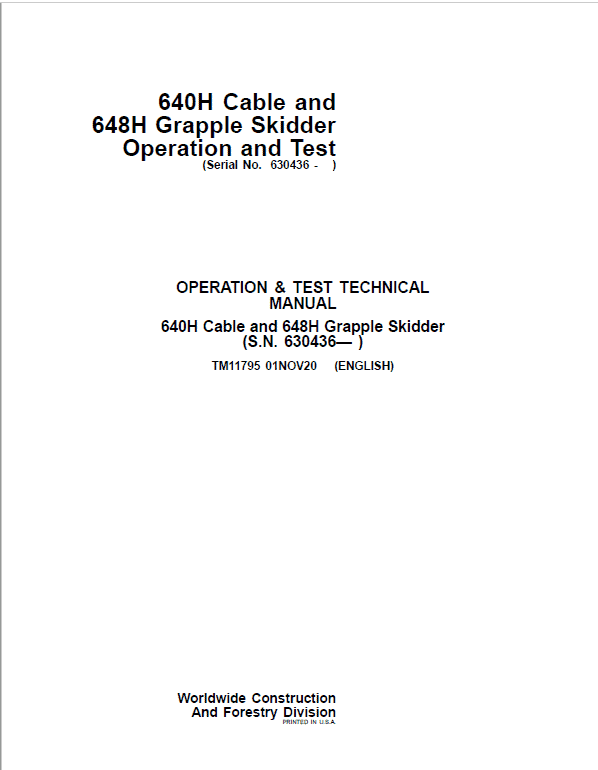 PDF TM11795 John Deere 640H 648H Skidder Diagnostic and Test Service Manual