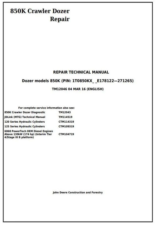 Pdf TM12046 John Deere 850K Crawler Dozer Repair Service Manual