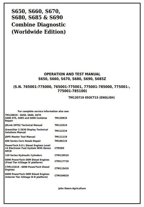 PDF TM120719 John Deere S650 S660 S670 S680 S685 S690 Combine Diagnostic and Test Service Manual