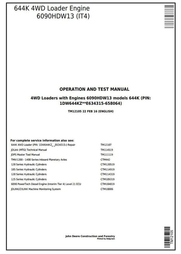 PDF TM12105 John Deere 644K 4WD Wheel Loader Diagnostic and Test Service Manual