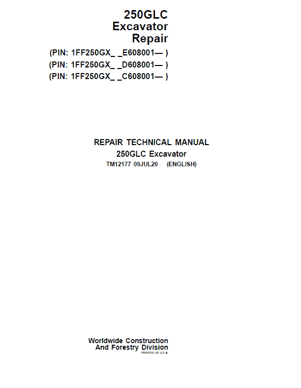 TM12177 - John Deere 250GLC Excavator Repair Service Manual