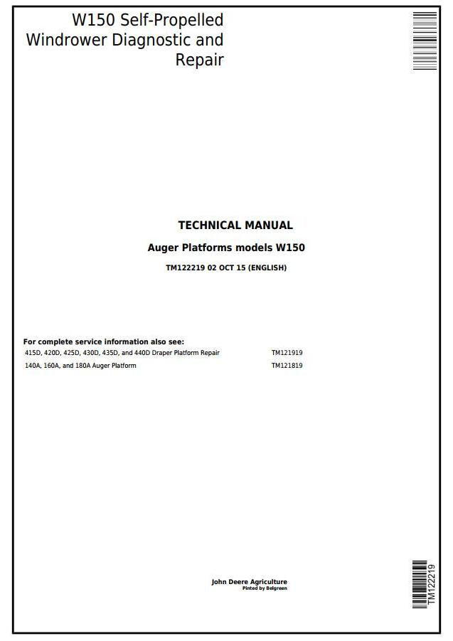 Pdf TM122219 John Deere W150 Self-Propelled Hay & Forage Windrower Repair Service Manual