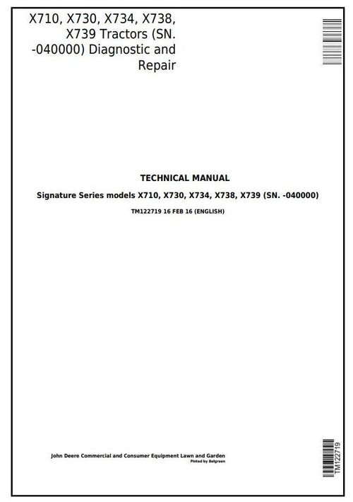 Pdf TM122719 John Deere X710 X730 X734 X738 X739 Signature Series Tractor Repair Service Manual