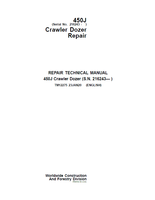 Pdf TM12275 John Deere 450J Crawler Dozer Repair Service Manual