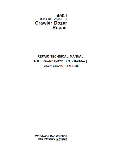 Pdf TM12275 John Deere 450J Crawler Dozer Repair Service Manual