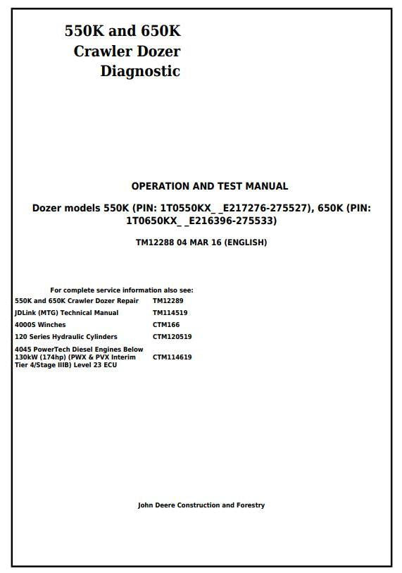 Pdf TM12288 John Deere 550K, 650K Crawler Dozer Diagnostic and Test Service Manual