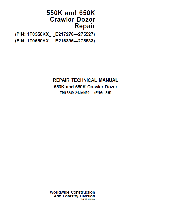 Pdf TM12289 John Deere 550K 650K Crawler Dozer Repair Service Manual