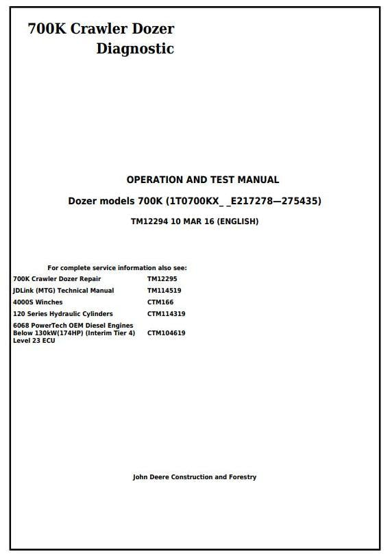 Pdf TM12294 John Deere 700K Crawler Dozer Diagnostic & Test Service Manual