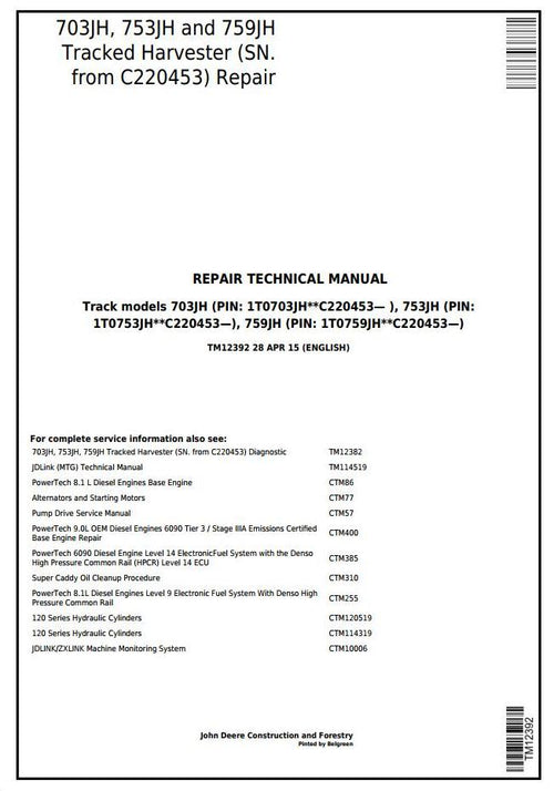 Pdf TM12392 John Deere 703JH 753JH 759JH Tracked Harvester Repair Service Manual