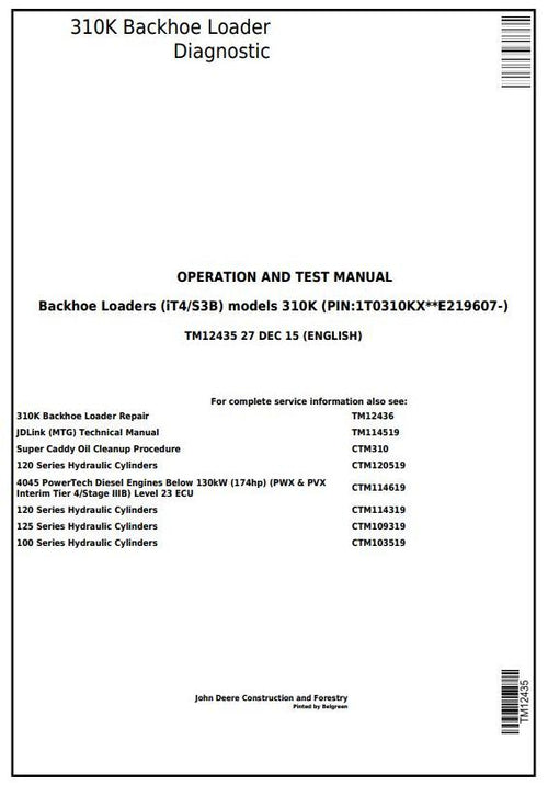 PDF TM12435 John Deere 310K Backhoe Loader Diagnostic & Test Service Manual