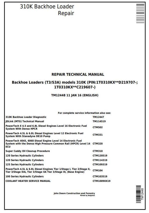 Pdf TM12448 John Deere 310K Backhoe Loader Repair Service Manual